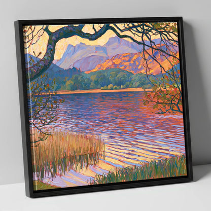 Elterwater Framed by Trees lake district lake canvas wall art in black frame