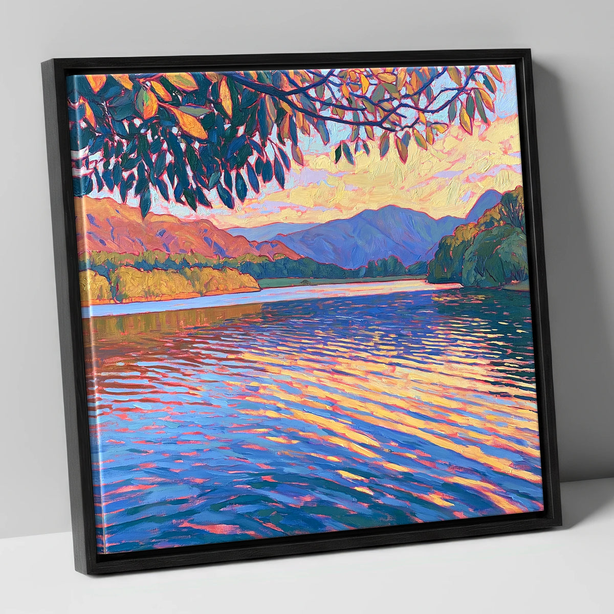 Golden Ripples on Esthwaite Water lake district village canvas wall art in black frame