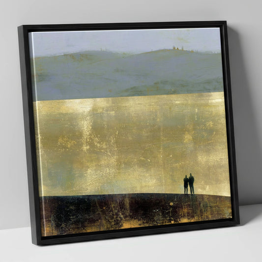Hikers on Golden Lakeside Path lake district walking canvas wall art in black frame