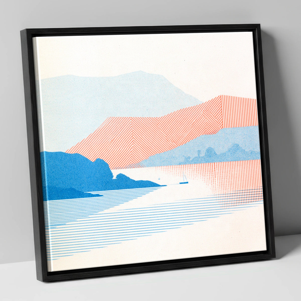 Geometric Coniston Water Fells lake district lake canvas wall art in black frame