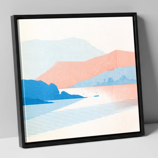 Geometric Coniston Water Fells lake district lake canvas wall art in black frame