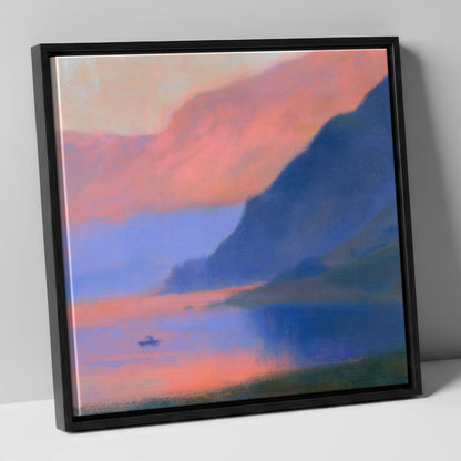 Indigo Fells at Pink Twilight lake district lake canvas wall art in black frame
