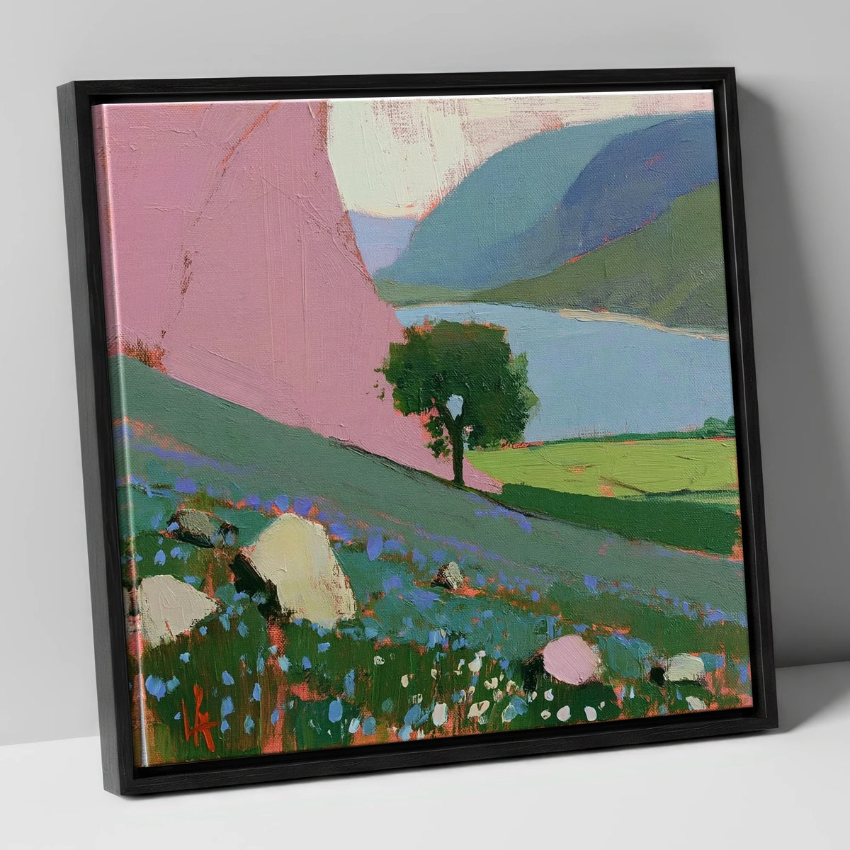 Pink Fellside Above Crummock Water lake district lake canvas wall art in black frame