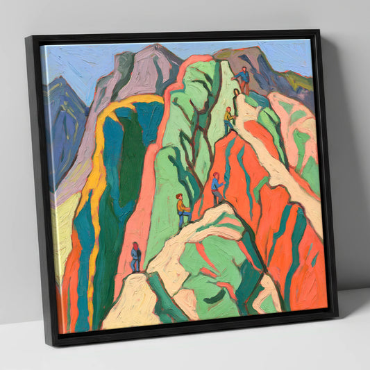 Climbers on a Vivid Crag lake district walking canvas wall art in black frame