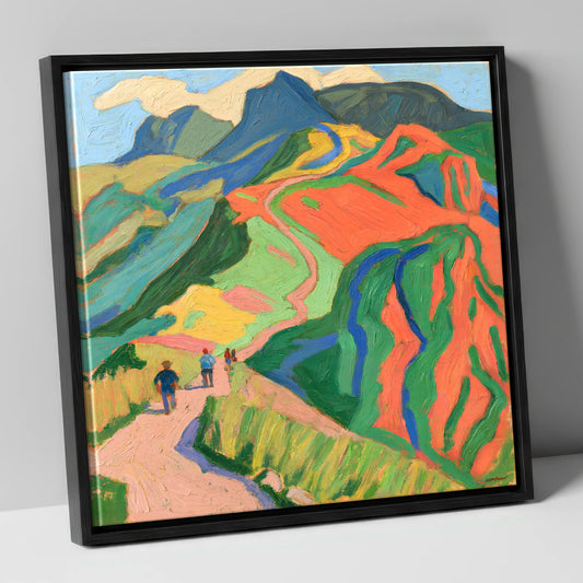 Walkers on a Vivid Fell Path lake district walking canvas wall art in black frame