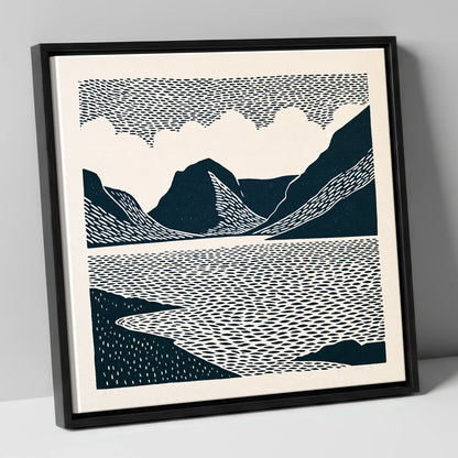Crummock Water Graphic Landscape lake district lake canvas wall art in black frame
