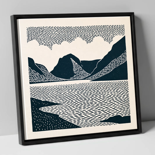 Crummock Water Graphic Landscape lake district lake canvas wall art in black frame