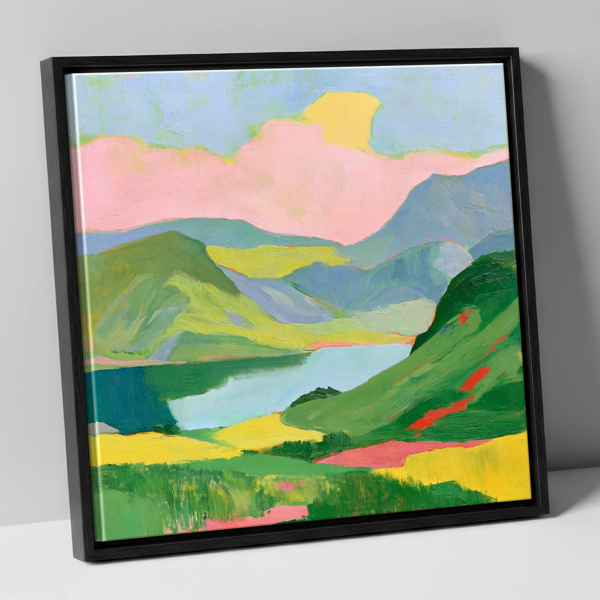 Vibrant Fells and Mountain Lake lake district lake canvas wall art in black frame