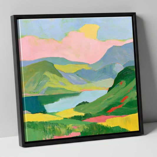 Vibrant Fells and Mountain Lake lake district lake canvas wall art in black frame