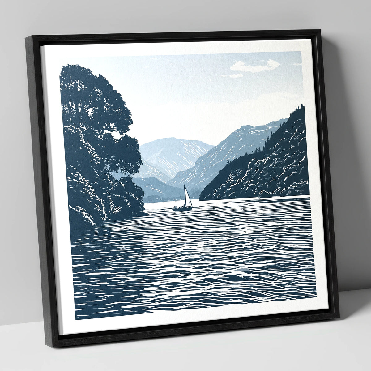 Ullswater Sailboat in Navy Blue lake district lake canvas wall art in black frame