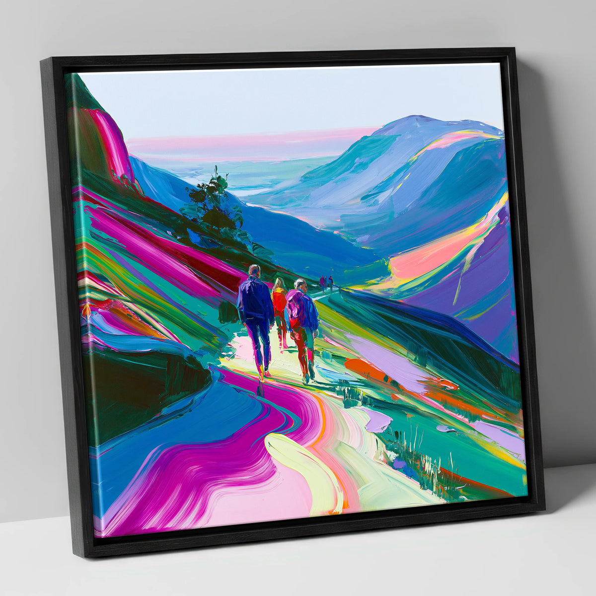 Vivid Walkers on a Mountain Path lake district walking canvas wall art in black frame