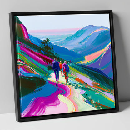 Vivid Walkers on a Mountain Path lake district walking canvas wall art in black frame