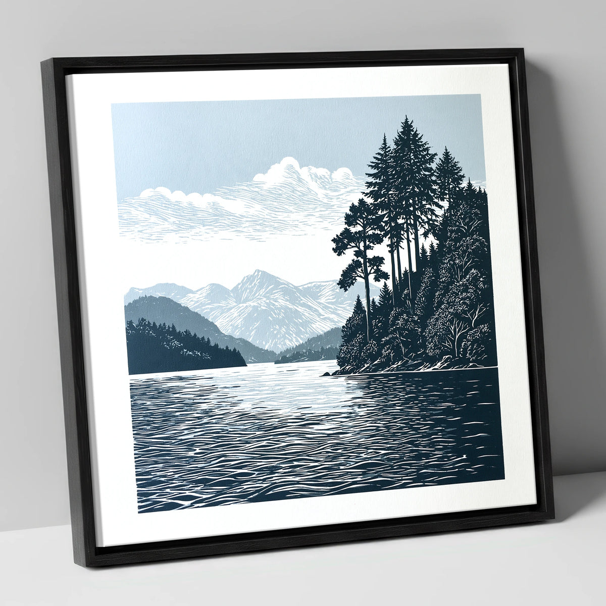 Windermere Shoreline in Deep Navy lake district lake canvas wall art in black frame