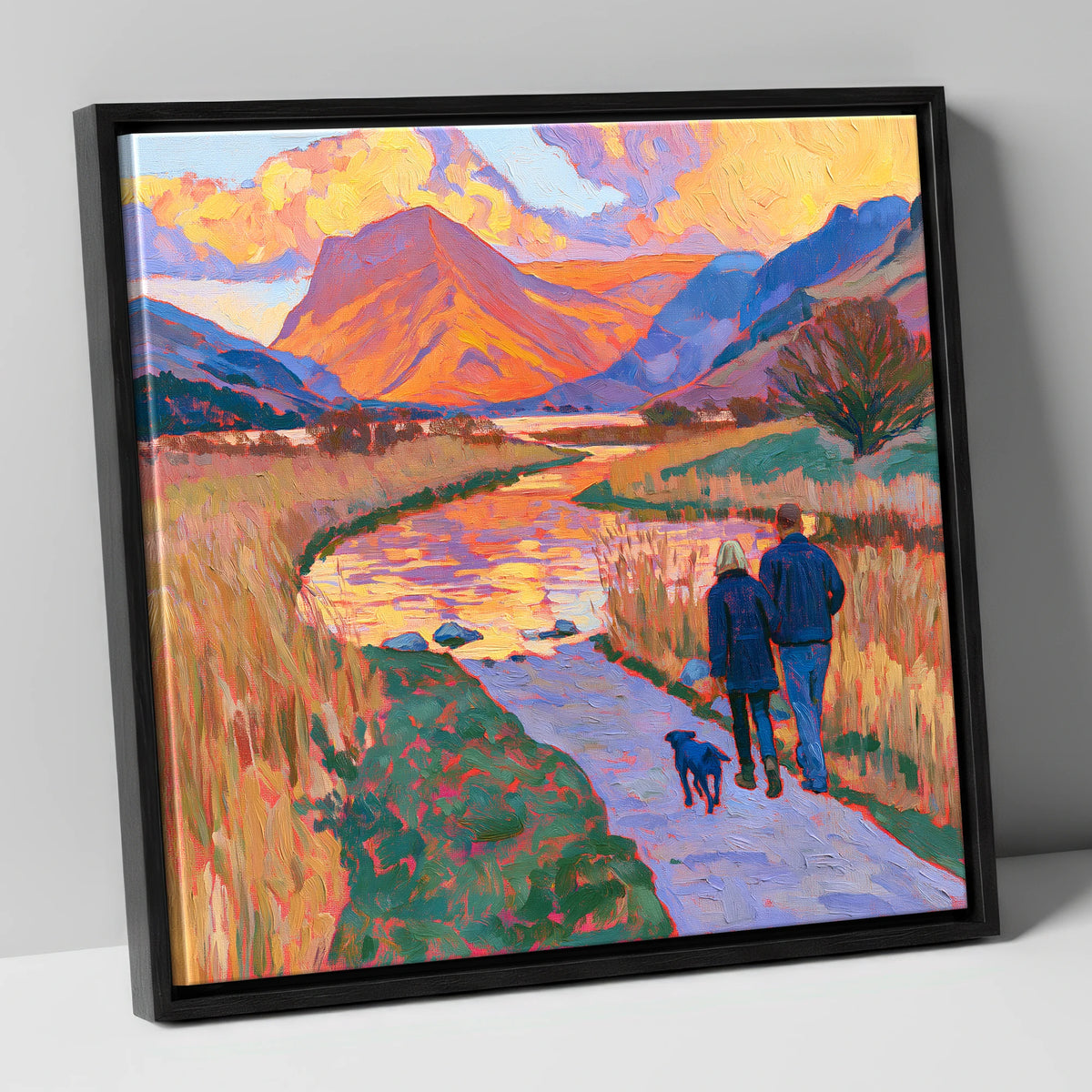 Sunset Dog Walk at Buttermere gifts for dog walkers canvas wall art in black frame