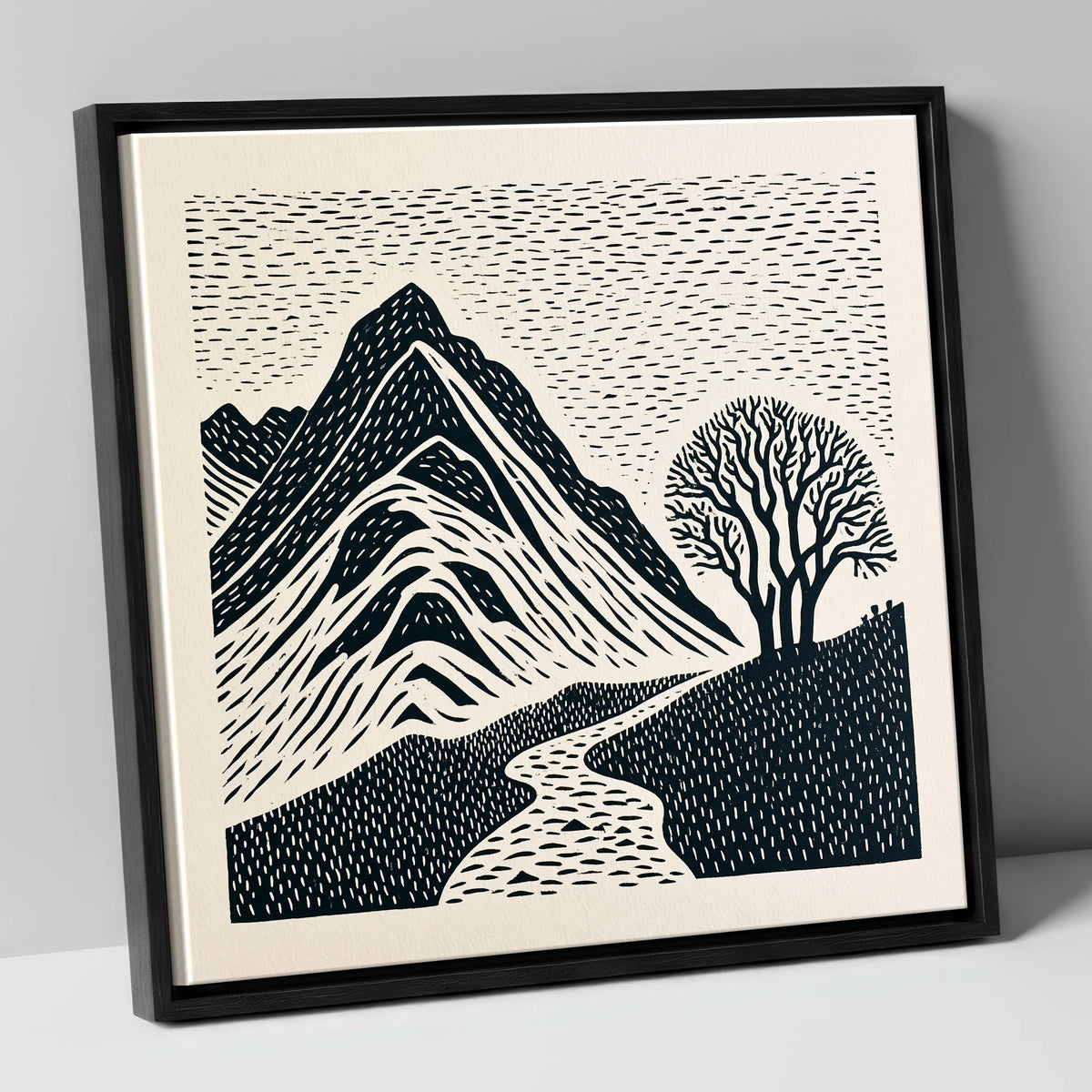 Graphic Bowfell and Lone Tree lake district fell canvas wall art in black frame