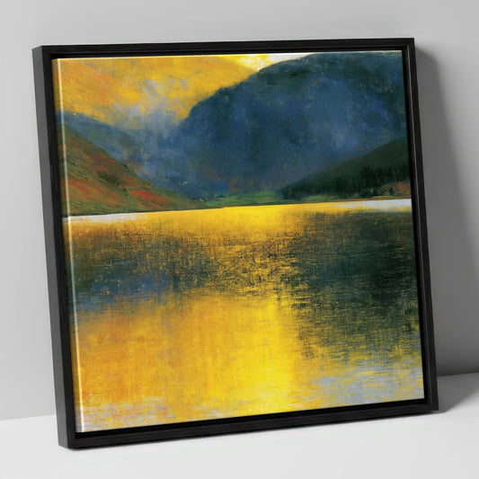 Golden Lake and Shadowed Fells lake district lake canvas wall art in black frame