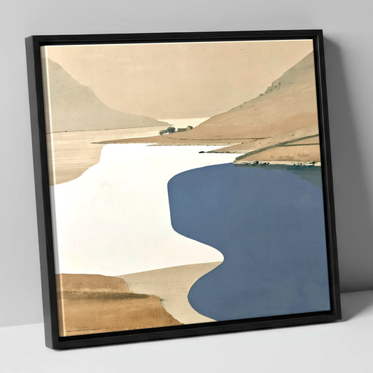 Slate Blue Water and Ochre Fells lake district lake canvas wall art in black frame