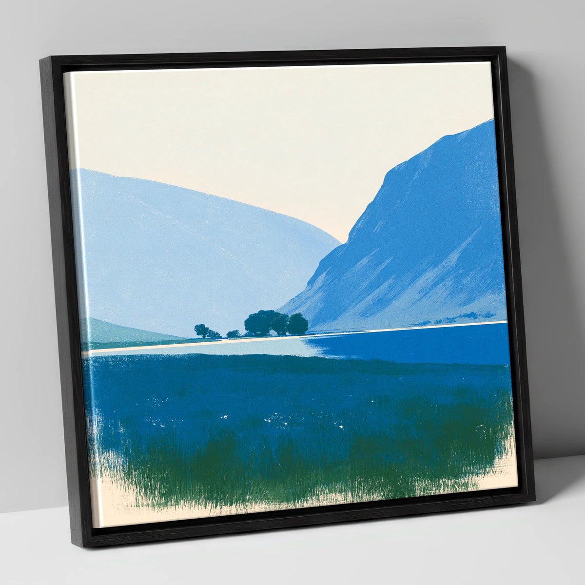 Blue Fells and Still Lake lake district lake canvas wall art in black frame