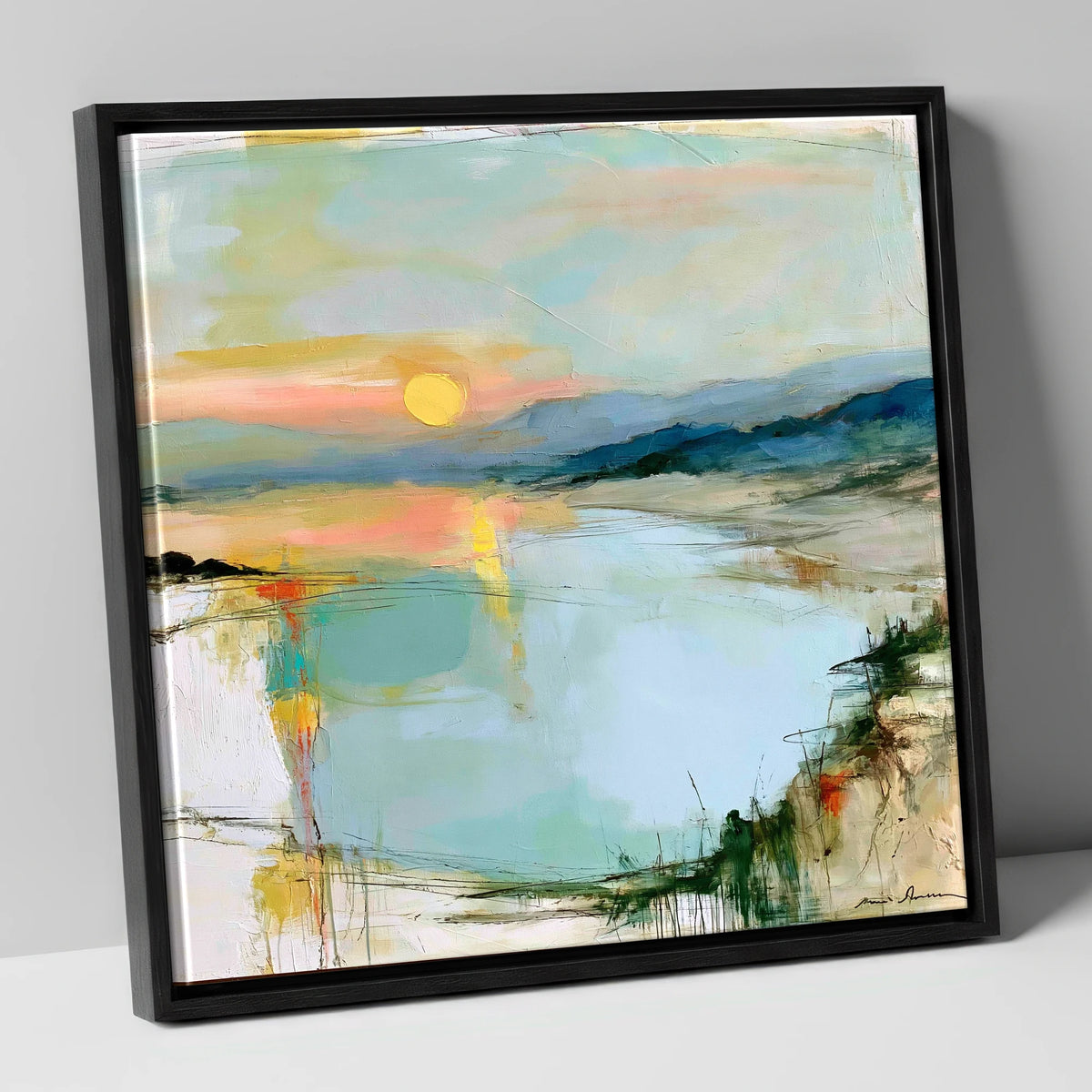 Lake Sunset in Peach and Mint lake district lake canvas wall art in black frame
