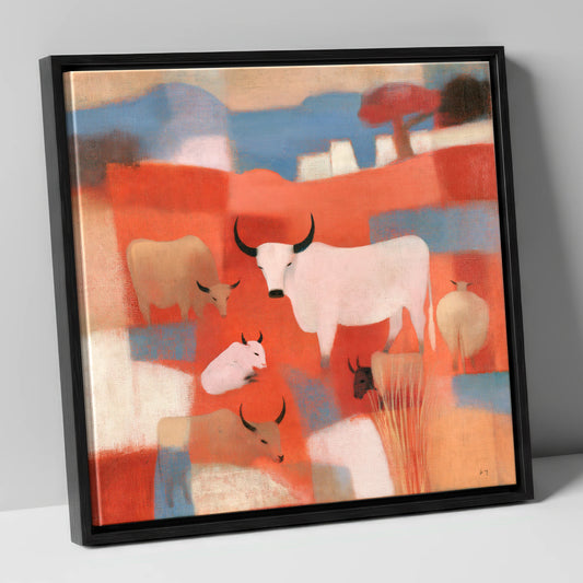 Highland Cattle in Terracotta Fells lake district wildlife canvas wall art in black frame