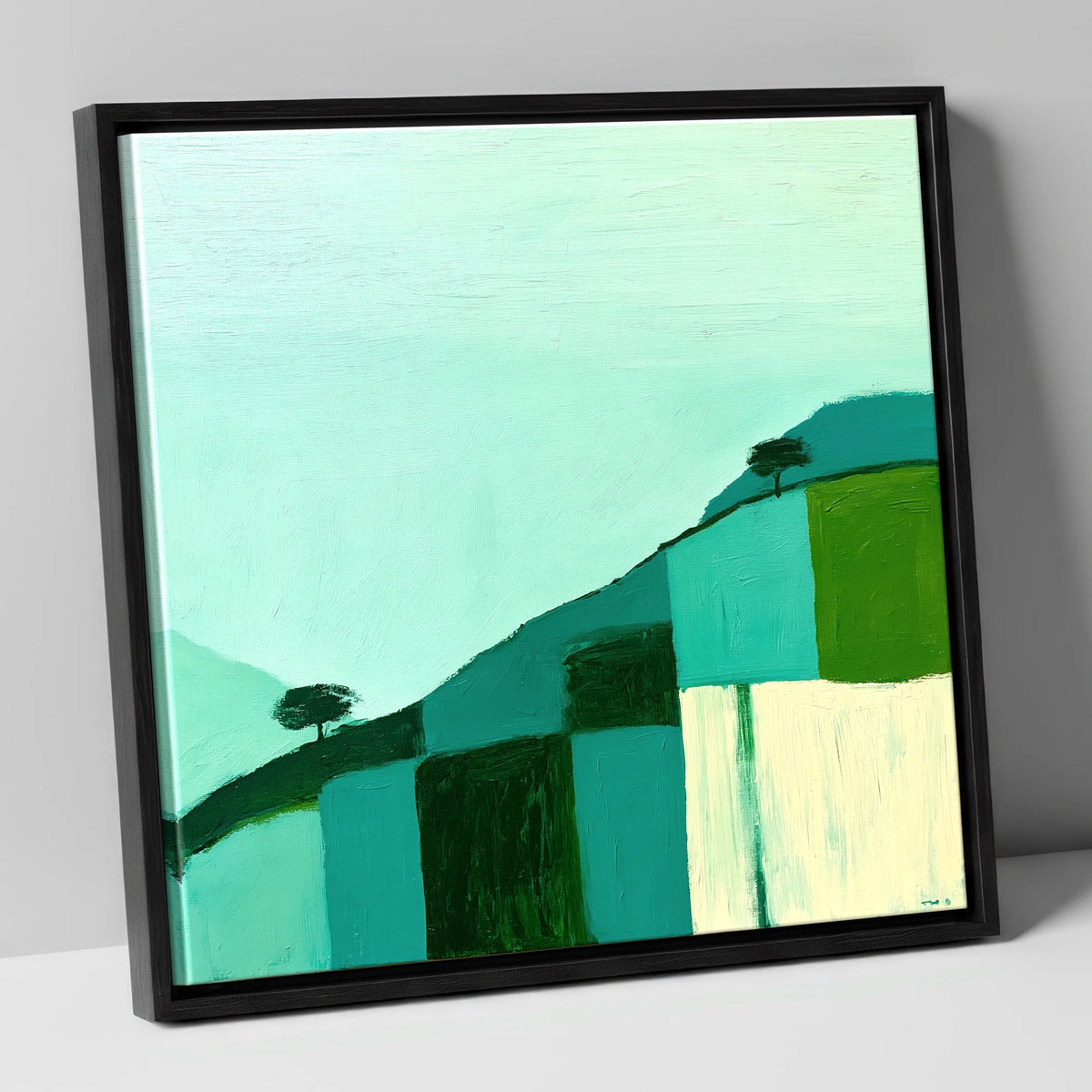 Misty Teal Mountain Ridge lake district fell canvas wall art in black frame