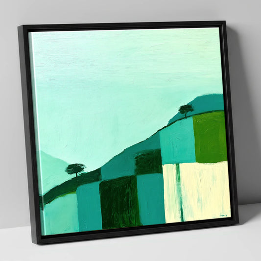Misty Teal Mountain Ridge lake district fell canvas wall art in black frame