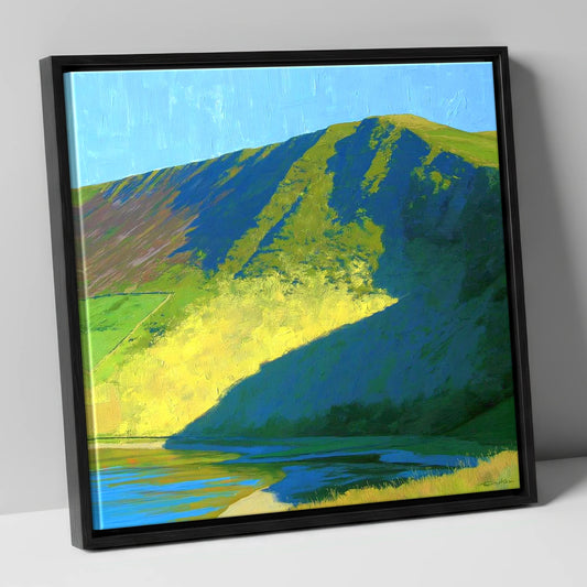 Sunlit Slopes of Lonscale Fell lake district fell canvas wall art in black frame