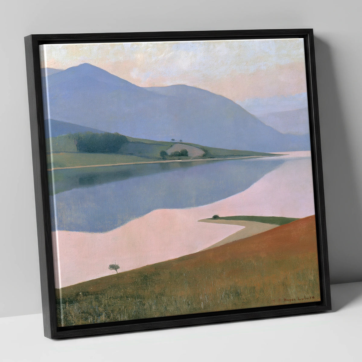 Pastel Fells and Still Lake lake district lake canvas wall art in black frame