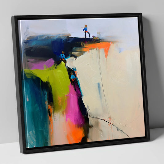 Abstract Climbers on a Crag lake district walking canvas wall art in black frame