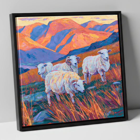 Herdwick Sheep in Sunset Fells lake district wildlife canvas wall art in black frame