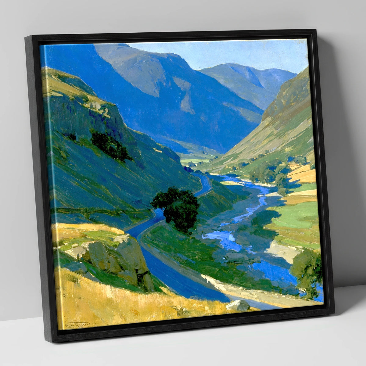 Cobalt Shadows on the Mountain Pass lake district valley canvas wall art in black frame