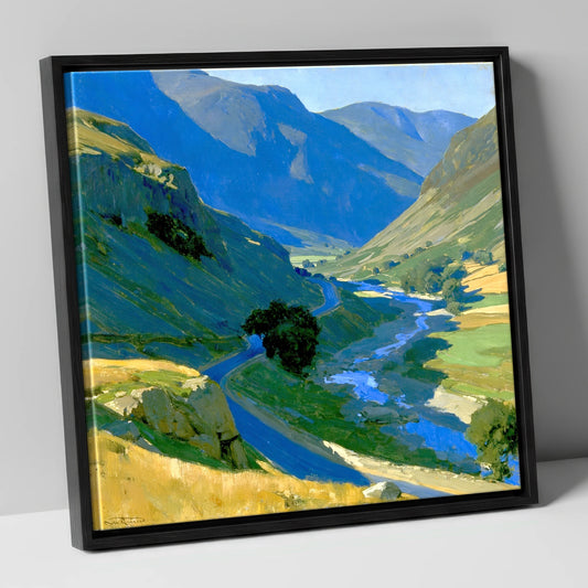 Cobalt Shadows on the Mountain Pass lake district valley canvas wall art in black frame
