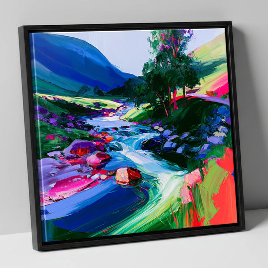 Fellside Beck with Magenta Rocks lake district waterfall canvas wall art in black frame
