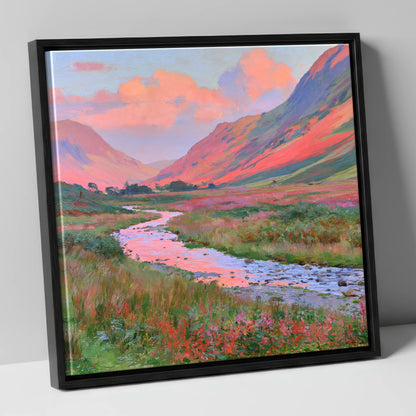Winding Valley River at Sunset lake district waterfall canvas wall art in black frame