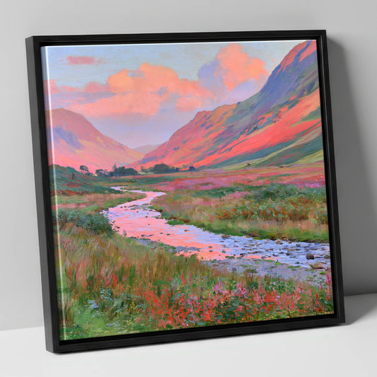 Winding Valley River at Sunset lake district waterfall canvas wall art in black frame