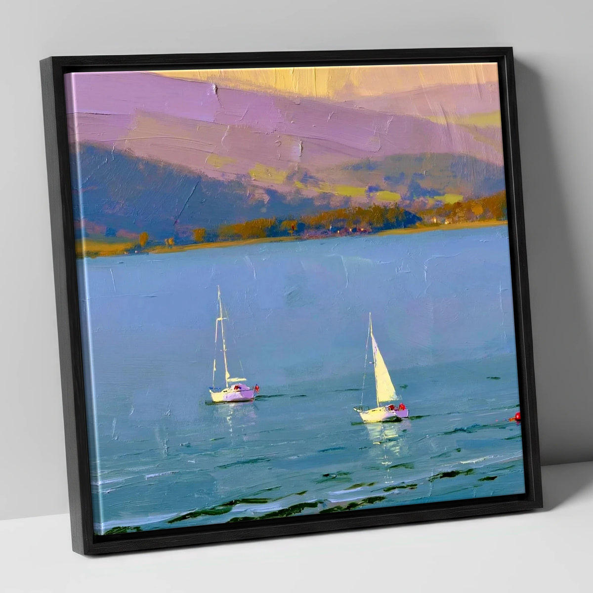 Windermere Sailboats against Lavender Fells lake district lake canvas wall art in black frame