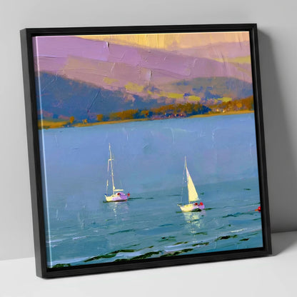 Windermere Sailboats against Lavender Fells lake district lake canvas wall art in black frame