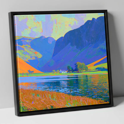 Vibrant Buttermere and White Cottage lake district lake canvas wall art in black frame