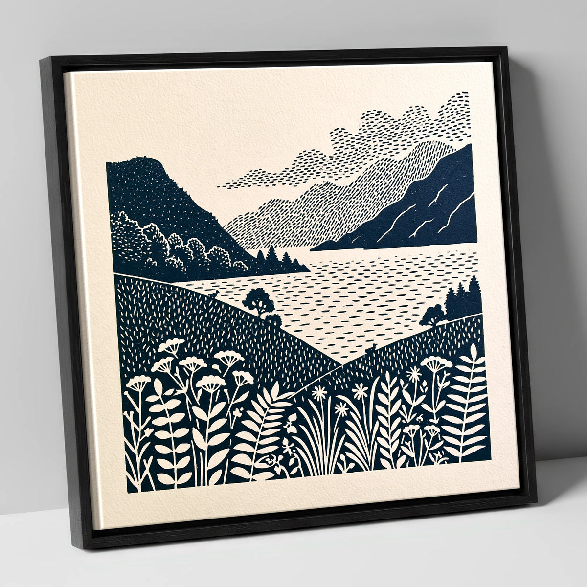 Graphic Ullswater and Layered Fells lake district lake canvas wall art in black frame