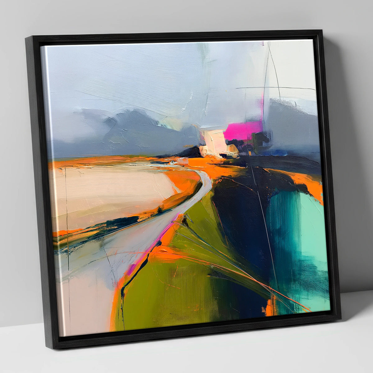 Mountain Pass Vivid Abstract lake district valley canvas wall art in black frame