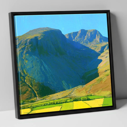 Sunlit Scafell Peaks and Ravine lake district fell canvas wall art in black frame