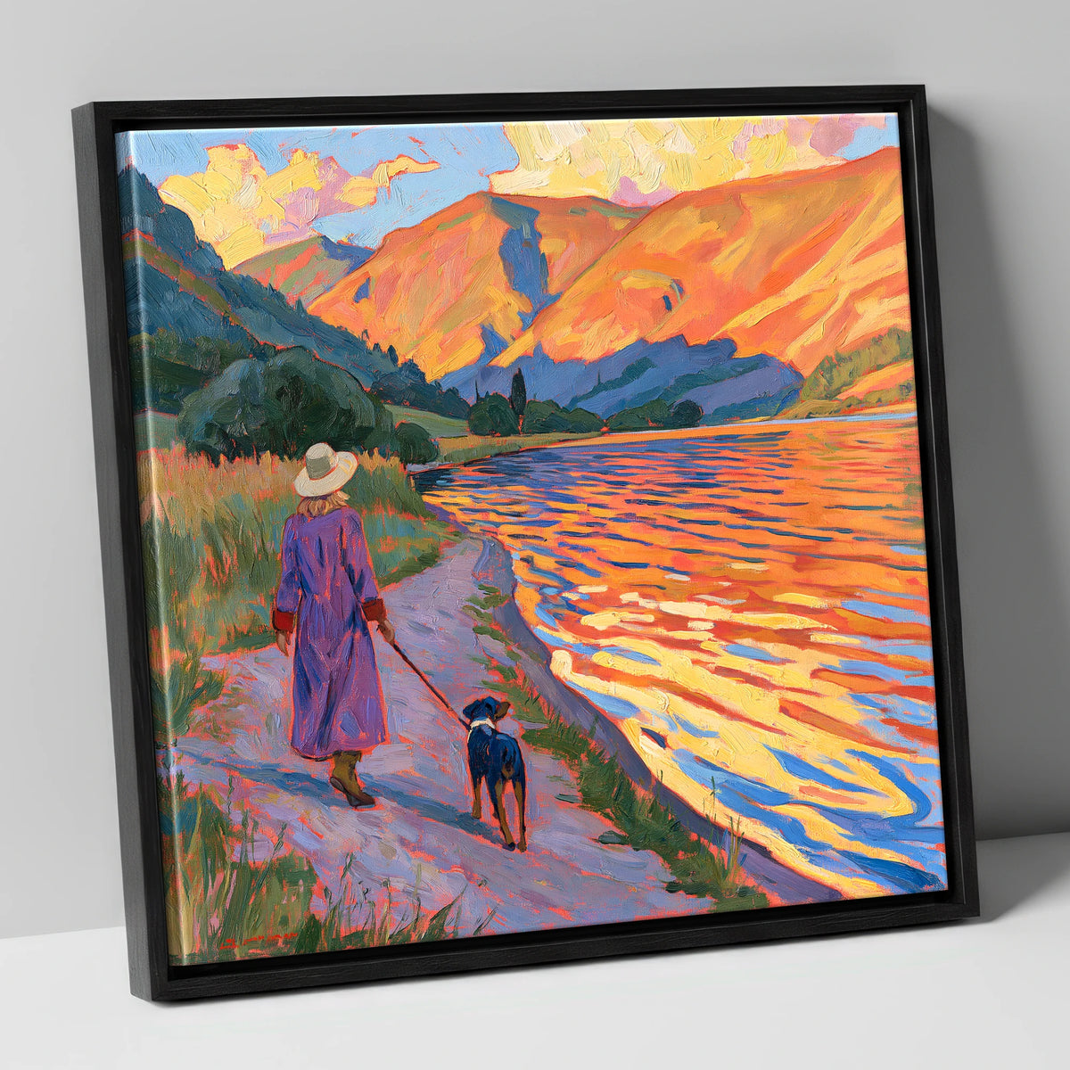 Colourful Dog Walk at Ullswater gifts for dog walkers canvas wall art in black frame