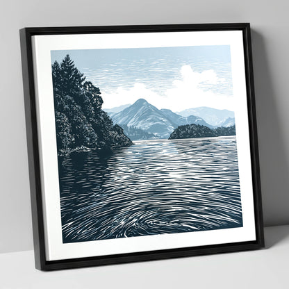 Derwentwater in Slate and Navy lake district lake canvas wall art in black frame