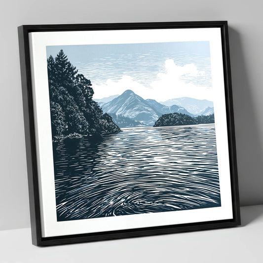 Derwentwater in Slate and Navy lake district lake canvas wall art in black frame