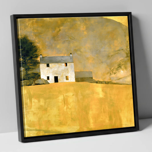 Stone Cottage in Golden Ochre lake district village canvas wall art in black frame