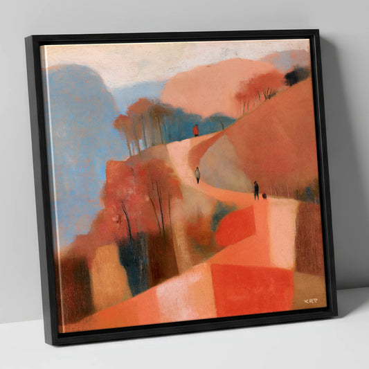Terracotta Mountain Path Walkers lake district walking canvas wall art in black frame