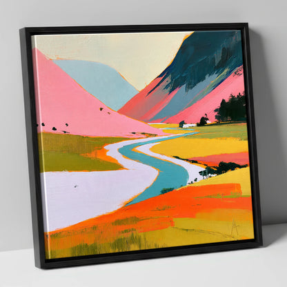 Winding River Through Pink Fells lake district waterfall canvas wall art in black frame