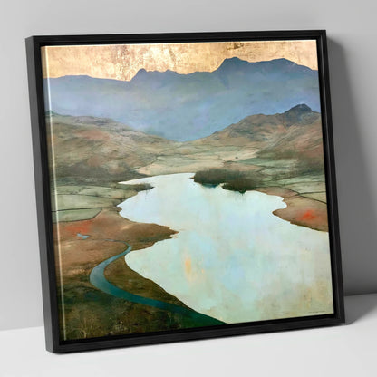 Golden Sky Over Elter Water lake district lake canvas wall art in black frame