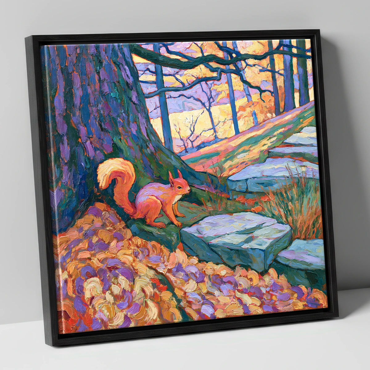Red Squirrel in Vibrant Woodland lake district wildlife canvas wall art in black frame