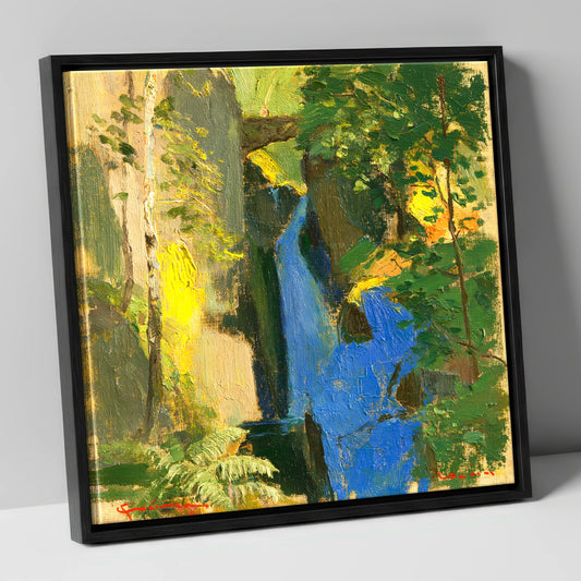 Aira Force Waterfall in Golden Light lake district waterfall canvas wall art in black frame